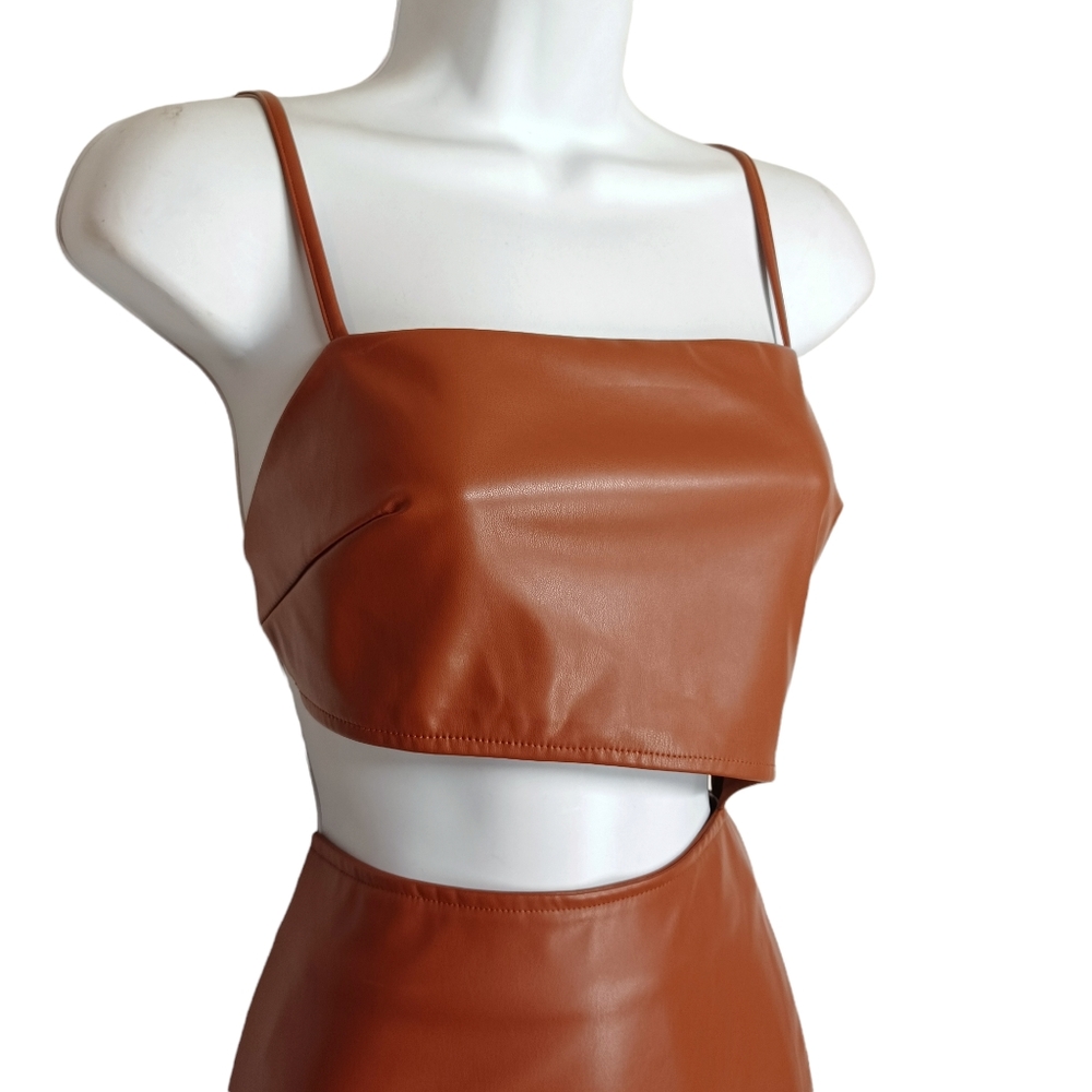 FASHION NOVA Brown Faux Leather Mid Cut Out Strappy Back Mini Bodycon Dress M - Picture 3 of 9